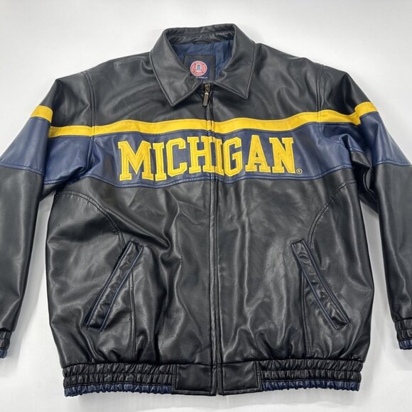 University of Michigan Bomber Jacket Mens Large Faux Leather Sewn Logo Full Zip - Picture 6 of 16